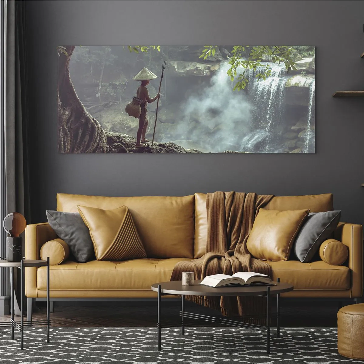 Cuadro sobre vidrio - Impresiones sobre Vidrio - Una figura con una lanza en una cascada en un bosque tropical. - 120x50cm - Amistad con la naturaleza - Decoración de pared moderna para salón y dormitorio ARTTOR