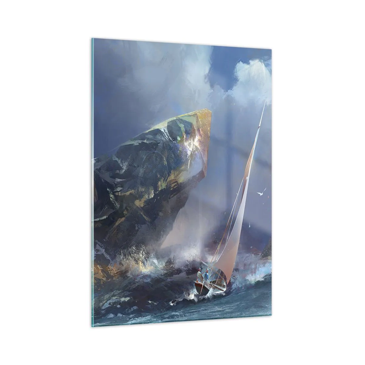 Cuadro sobre vidrio - Impresiones sobre Vidrio - Un velero en una tormenta frente a una costa rocosa - 50x70cm - La gloria es para los valientes - Decoración de pared moderna para salón y dormitorio ARTTOR