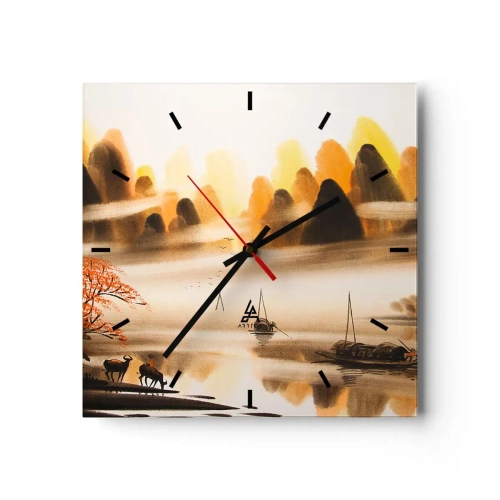 Reloj de pared - Reloj de vidrio - Un paisaje oriental con un río, montañas y una suave niebla. - 30x30cm - Más allá del Lejano Oriente - Decoración de pared moderna para salón y dormitorio ARTTOR