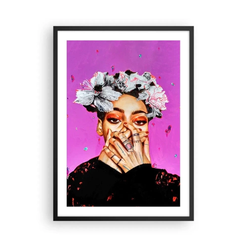 Póster en marco negro - Un retrato expresivo de una mujer sobre un fondo rosa intenso. - 50x70cm - Un poco alocada - Decoración de pared moderna para salón y dormitorio ARTTOR
