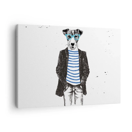 Cuadro sobre lienzo - Impresión de Imagen - Retrato de un perro con gafas y camisa de marinero en estilo humorístico. - 70x50cm - El encanto del perro - Decoración de pared moderna para salón y dormitorio ARTTOR