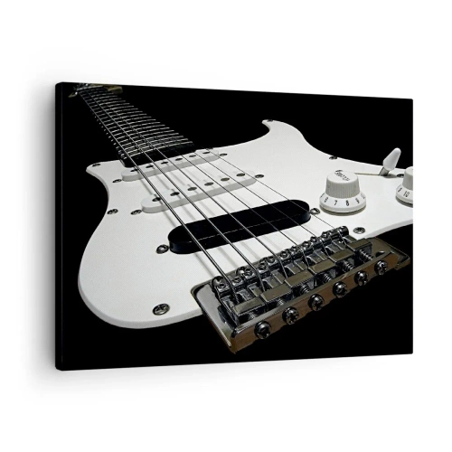 Cuadro sobre lienzo - Impresión de Imagen - Primer plano de una guitarra eléctrica blanca sobre fondo negro. - 70x50cm - Oculto en blanco está el sonido - Decoración de pared moderna para salón y dormitorio ARTTOR