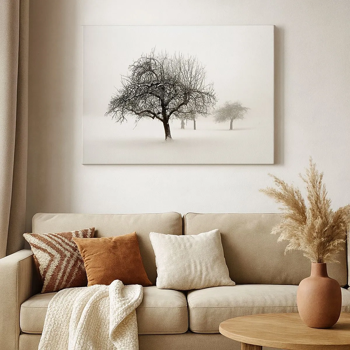 Cuadro sobre lienzo - Impresión de Imagen - Árboles en un campo cubierto de nieve rodeado de niebla. - 70x50cm - Sueño de invierno - Decoración de pared moderna para salón y dormitorio ARTTOR