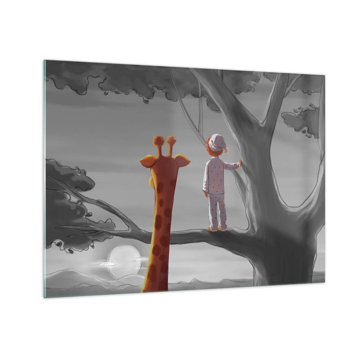 Cuadro sobre vidrio - Impresiones sobre Vidrio - Un niño en pijama y una jirafa miran el atardecer desde un árbol. - 70x50cm - ¿Está sucediendo de verdad? - Decoración de pared moderna para salón y dormitorio ARTTOR