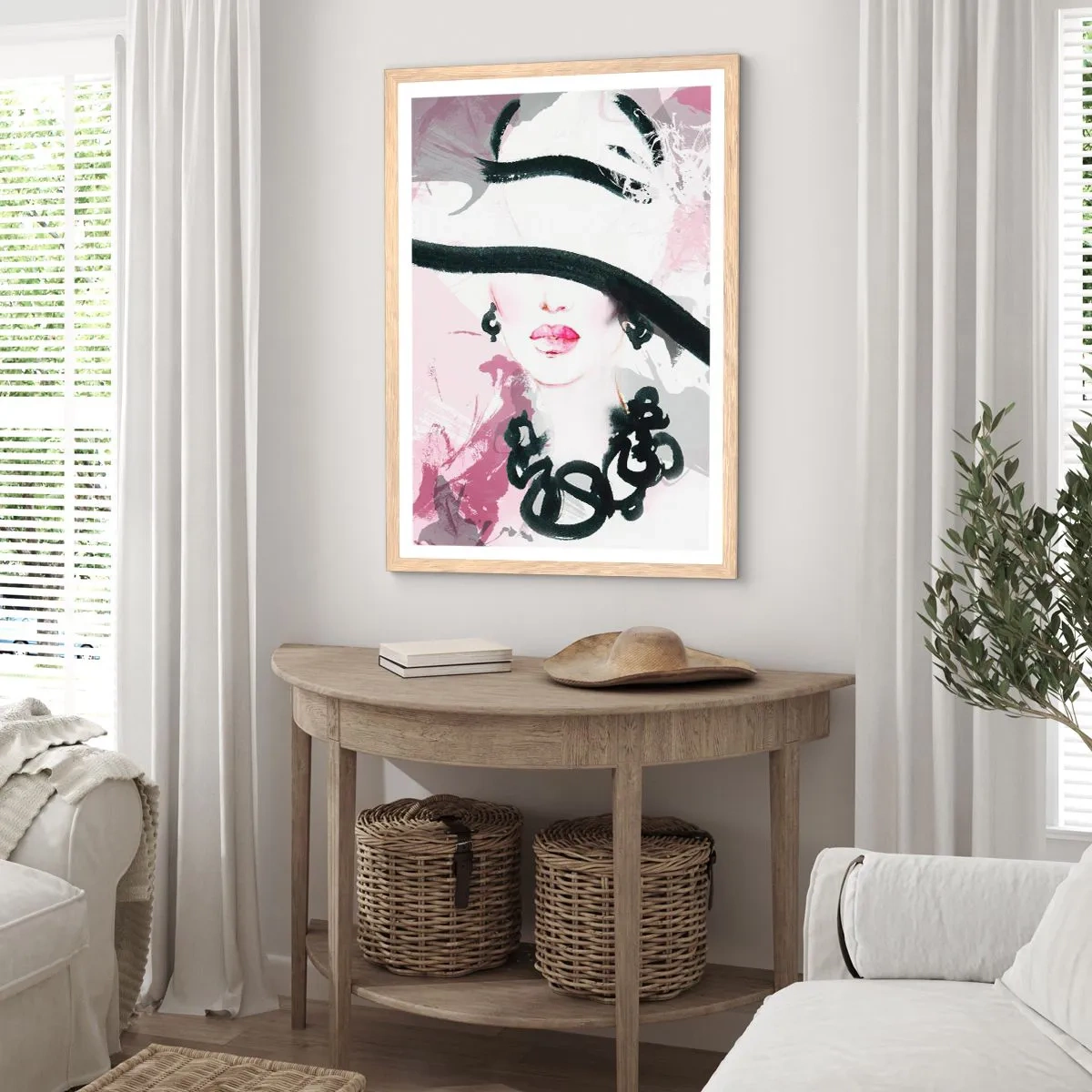 Póster en marco roble claro - Retrato de una dama en negro y rosa - 70x100 cm