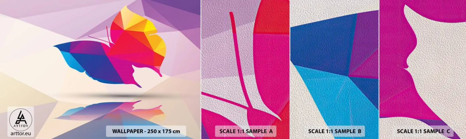 Muestra de fotomural Premium Sand - Arco iris de mariposa - insectos, Mariposa, Figura Geométrica - 100x30 cm