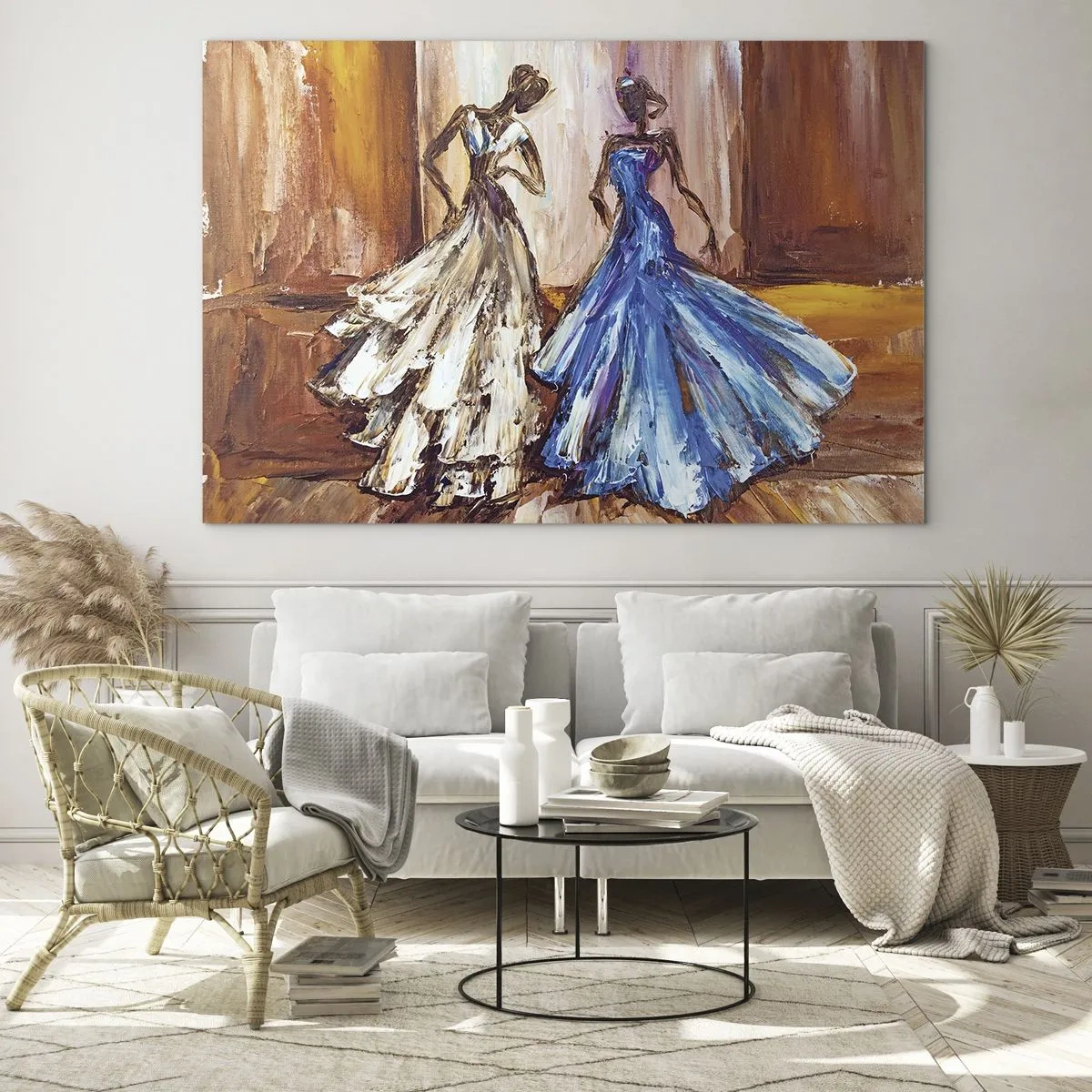 Cuadro sobre vidrio - Impresiones sobre Vidrio - Figuras femeninas con vestidos de gala en estilo artístico. - 100x70cm - Un elegante dúo - Decoración de pared moderna para salón y dormitorio ARTTOR