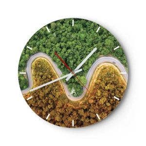 Reloj de pared - Reloj de vidrio - Una sinuosa carretera asfaltada que atraviesa el bosque vista desde arriba - 30x30cm - Frontera serpenteante - Decoración de pared moderna para salón, cocina y dormitorio ARTTOR