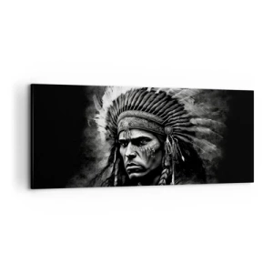 Cuadro sobre lienzo - Impresión de Imagen - Retrato de un jefe con un tocado de plumas sobre un fondo negro - 120x50cm - Líder y guerrero - Decoración de pared moderna para salón y dormitorio ARTTOR