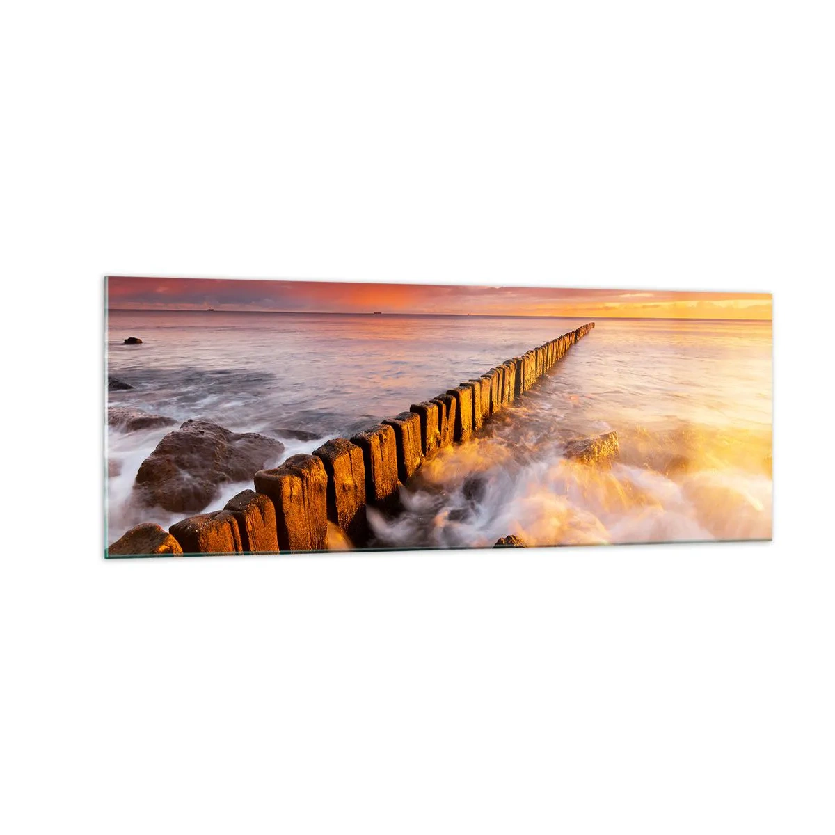 Cuadro sobre vidrio - Impresiones sobre Vidrio - Un paisaje pintoresco junto al mar al atardecer. - 140x50cm - La dulzura de las olas - Decoración de pared moderna para salón y dormitorio ARTTOR
