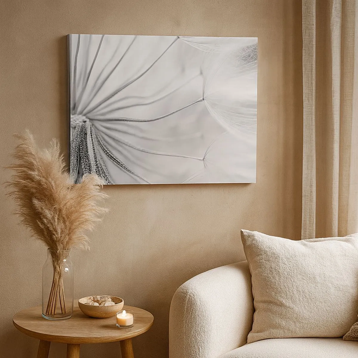 Cuadro sobre lienzo - Impresión de Imagen - Delicados dientes de león en tonos blanco y negro. - 70x50cm - Caricias del viento - Decoración de pared moderna para salón y dormitorio ARTTOR