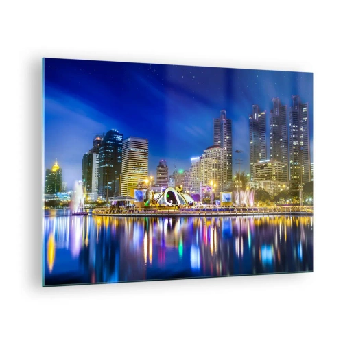 Cuadro sobre vidrio - Impresiones sobre Vidrio - Panorama de la ciudad de noche con las luces reflejadas en el agua. - 70x50cm - La noche del arco iris de la metrópoli - Decoración de pared moderna para salón y dormitorio ARTTOR