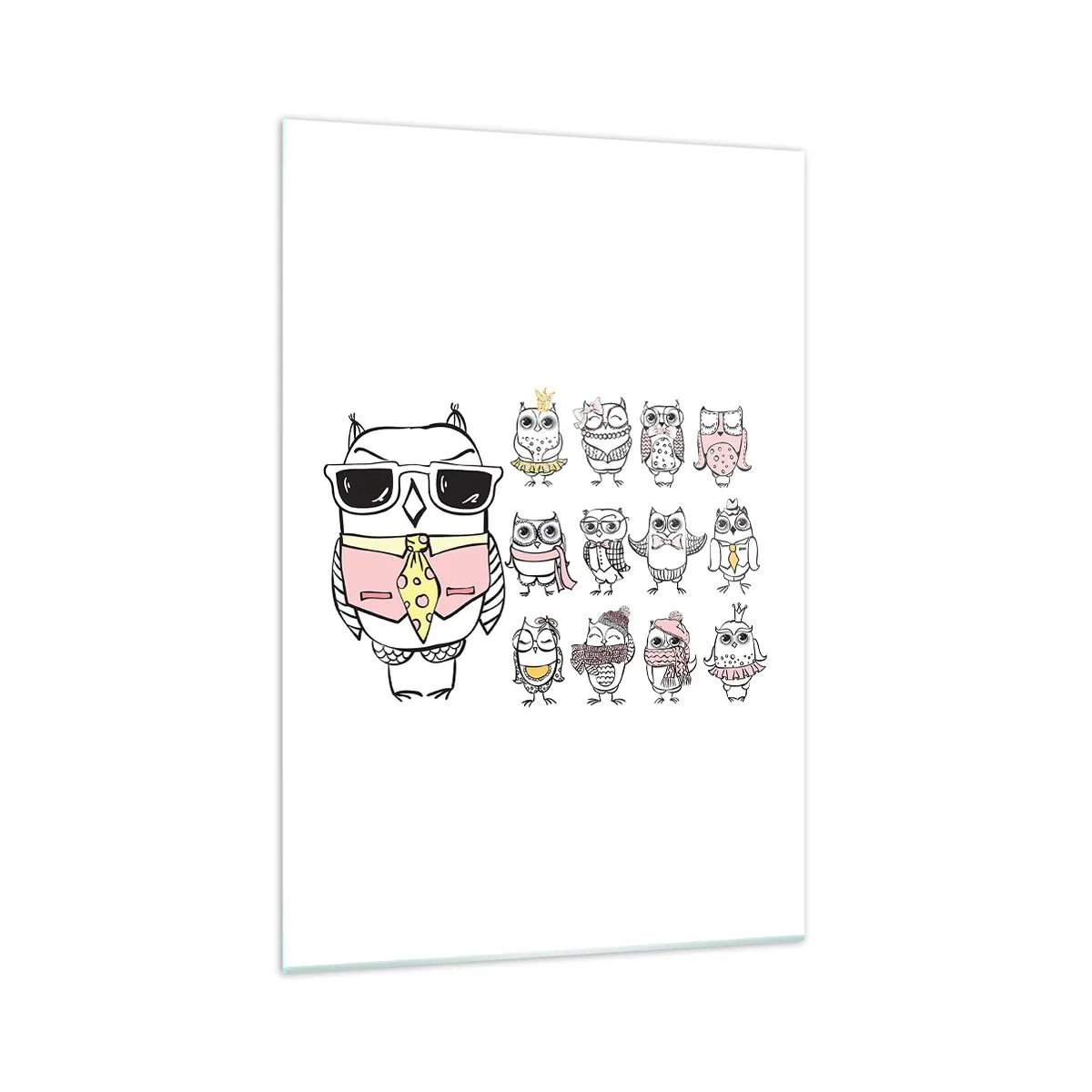 Cuadro sobre vidrio - Impresiones sobre Vidrio - Búhos en diferentes estilos y ropas. - 70x100cm - Tantos papeles que desempeñar - Decoración de pared moderna para salón y dormitorio ARTTOR