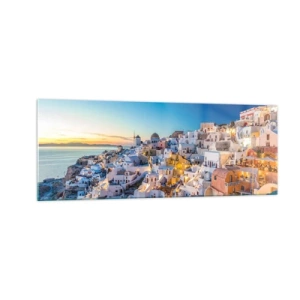 Cuadro sobre vidrio - Impresiones sobre Vidrio - Vista de una ciudad griega al atardecer - 140x50cm - La esencia de lo griego - Decoración de pared moderna para salón y dormitorio ARTTOR