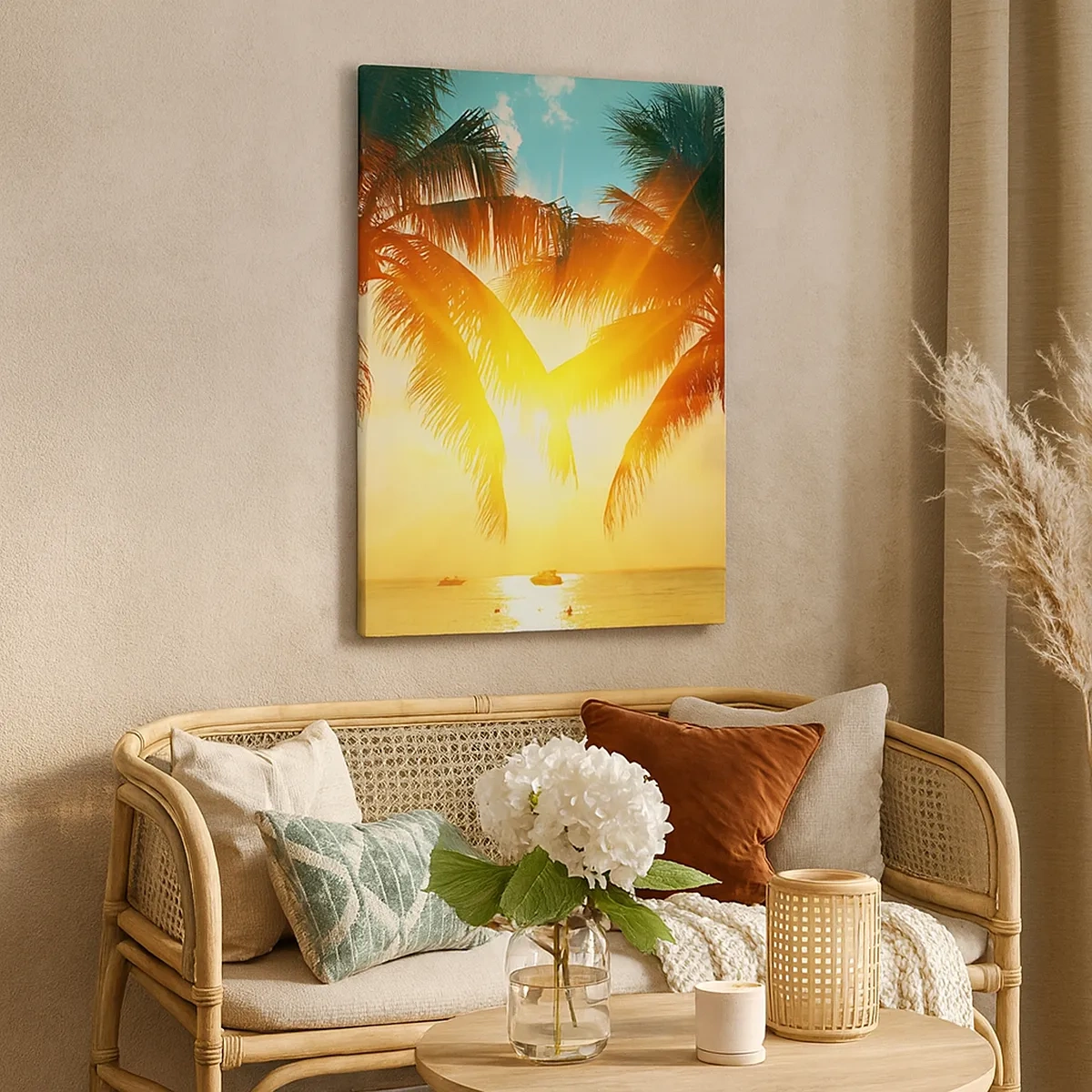 Cuadro sobre lienzo - Impresión de Imagen - Palmeras iluminadas por la cálida luz del sol poniente - 50x70cm - Pareja exótica - Decoración de pared moderna para salón y dormitorio ARTTOR