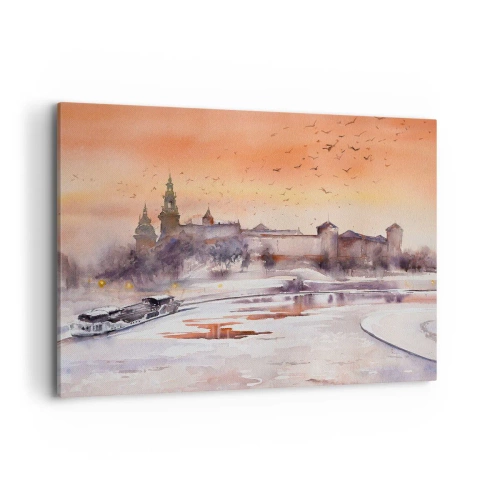Cuadro sobre lienzo - Impresión de Imagen - Puesta de sol sobre el castillo en un paisaje invernal - 100x70cm - Atardecer real - Decoración de pared moderna para salón y dormitorio ARTTOR
