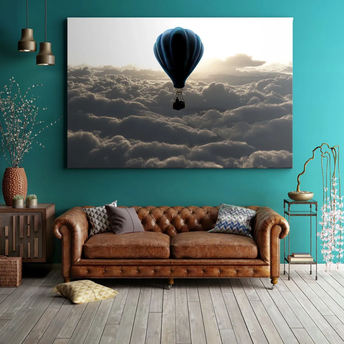 Cuadro sobre lienzo - Impresión de Imagen - Un globo aerostático contra un cielo con nubes al atardecer. - 70x50cm - Un viajero por encima de las nubes - Decoración de pared moderna para salón y dormitorio ARTTOR