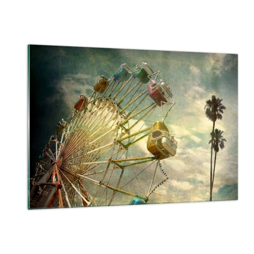 Cuadro sobre vidrio - Impresiones sobre Vidrio - Una noria contra el cielo y palmeras en estilo retro. - 120x80cm - Será, será un día estupendo.... - Decoración de pared moderna para salón y dormitorio ARTTOR