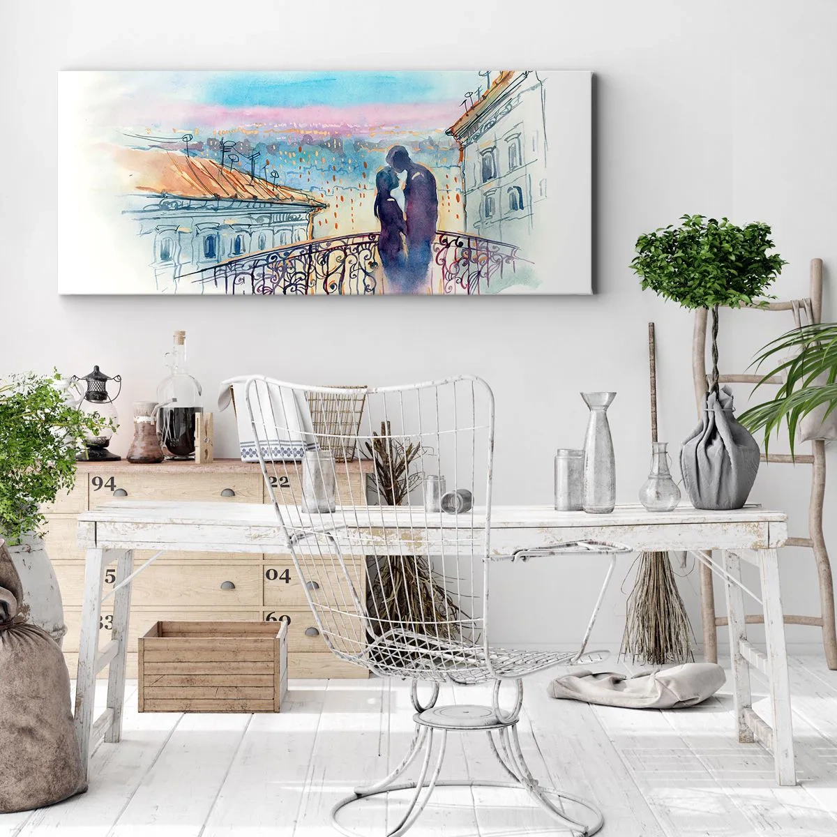 Cuadro sobre lienzo - Impresión de Imagen - Pareja romántica en un balcón con vistas a la ciudad. - 160x50cm - Los amantes de París - Decoración de pared moderna para salón y dormitorio ARTTOR