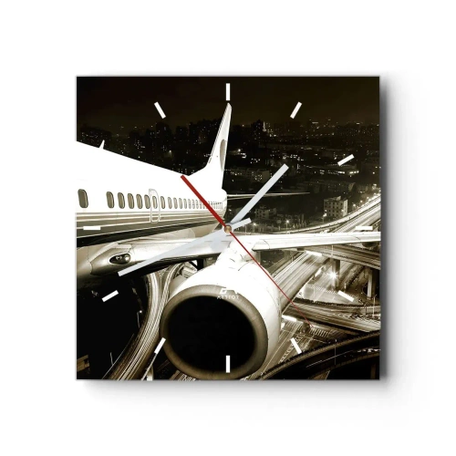Reloj de pared - Reloj de vidrio - Un avión sobre una ciudad nocturna con carreteras iluminadas. - 30x30cm - Vuela hacia la noche - Decoración de pared moderna para salón y dormitorio ARTTOR