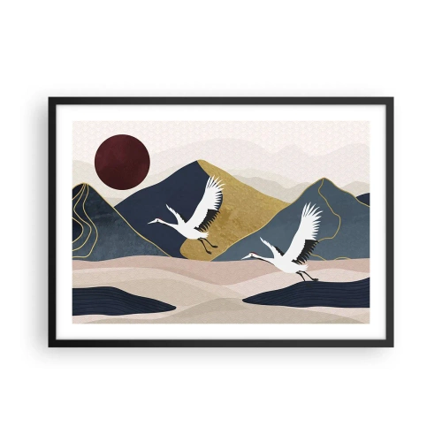 Póster en marco negro - Grúas en vuelo con el telón de fondo de montañas y un sol rojo. - 70x50cm - Y el día ha vuelto a pasar volando - Decoración de pared moderna para salón y dormitorio ARTTOR