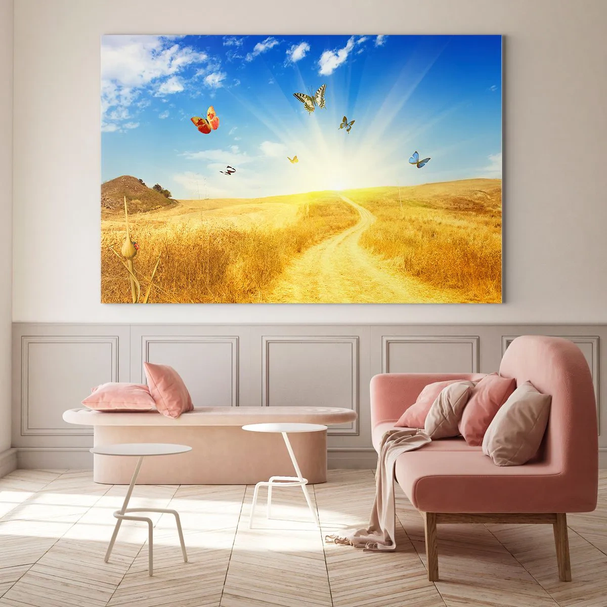 Cuadro sobre vidrio - Impresiones sobre Vidrio - Mariposas revoloteando sobre un camino de tierra al amanecer - 120x80cm - ¿Cómo no amar el verano? - Decoración de pared moderna para salón y dormitorio ARTTOR
