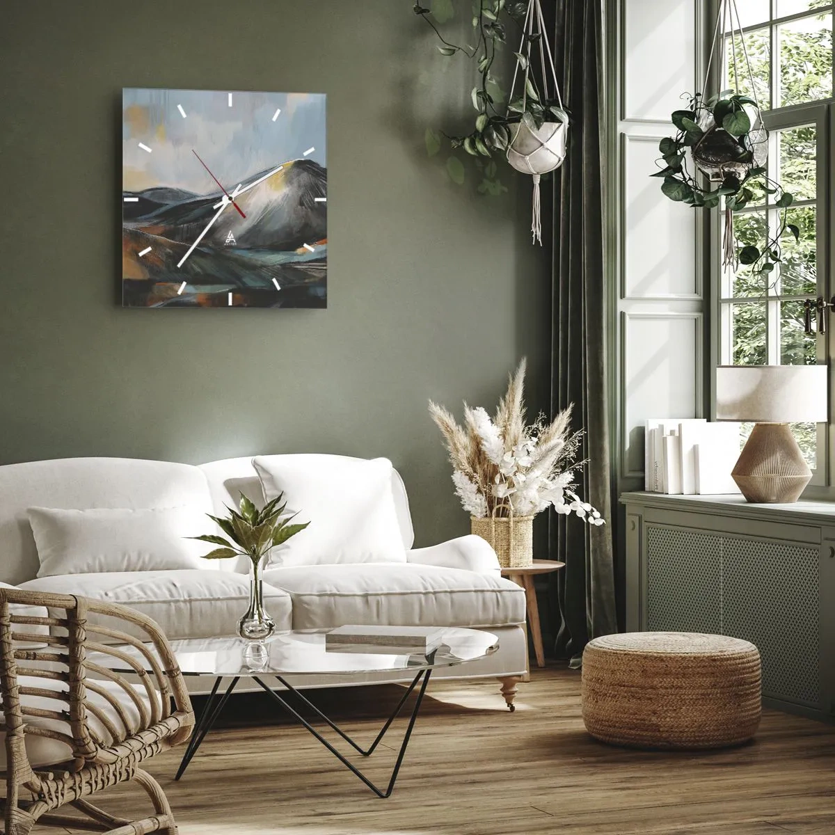 Reloj de pared - Reloj de vidrio - Paisaje montañoso abstracto en tonos cálidos - 30x30cm - Crudo y bello - Decoración de pared moderna para salón y dormitorio ARTTOR