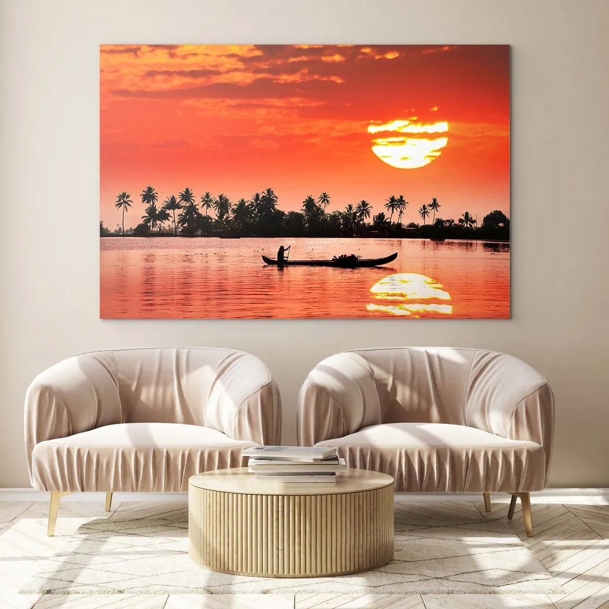Cuadro sobre vidrio - Impresiones sobre Vidrio - Puesta de sol sobre el río con palmeras y un barco. - 120x80cm - La paz de los trópicos al atardecer - Decoración de pared moderna para salón y dormitorio ARTTOR