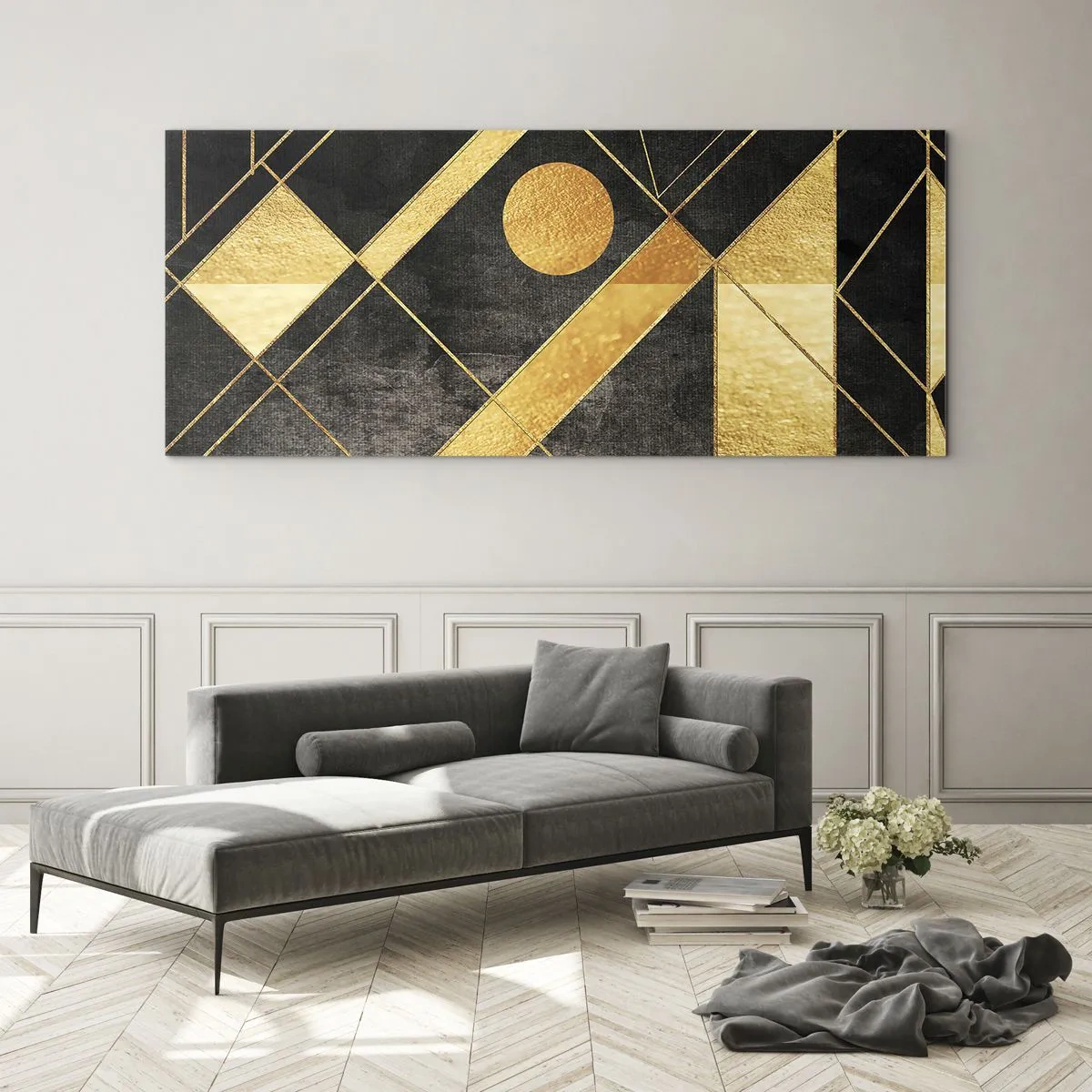 Cuadro sobre vidrio - Impresiones sobre Vidrio - Formas geométricas en tonos dorados y negros. - 160x50cm - Sol del desierto - Decoración de pared moderna para salón y dormitorio ARTTOR