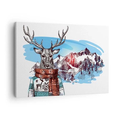 Cuadro sobre lienzo - Impresión de Imagen - Un ciervo con un suéter de invierno frente a un paisaje montañoso. - 70x50cm - Ni el ciervo pasa frío - Decoración de pared moderna para salón y dormitorio ARTTOR