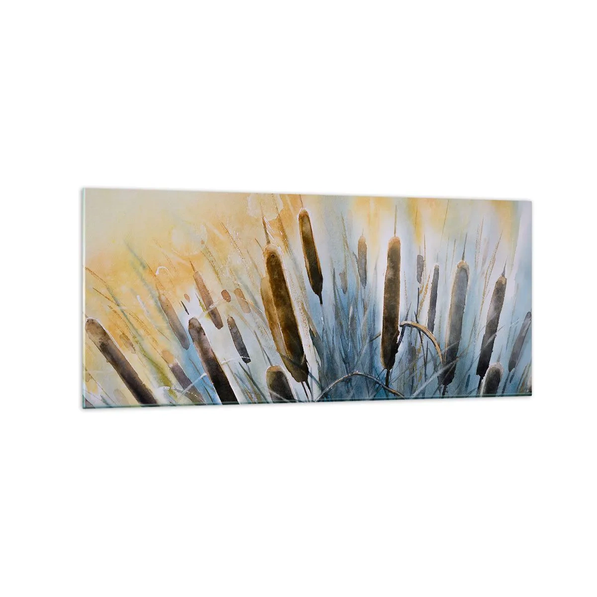 Cuadro sobre vidrio - Impresiones sobre Vidrio - Cañas pintorescas bajo los rayos del sol - 120x50cm - El frío del agua, el calor del sol - Decoración de pared moderna para salón y dormitorio ARTTOR
