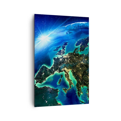 Cuadro sobre lienzo - Impresión de Imagen - Una vista de Europa desde el espacio bajo el resplandor del sol naciente. - 80x120cm - Una Europa resplandeciente - Decoración de pared moderna para salón y dormitorio ARTTOR