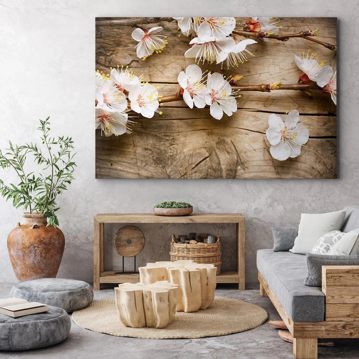 Cuadro sobre lienzo - Impresión de Imagen - Ramas de cerezos en flor sobre un fondo de tabla de madera - 70x50cm - Se acerca la primavera - Decoración de pared moderna para salón y dormitorio ARTTOR