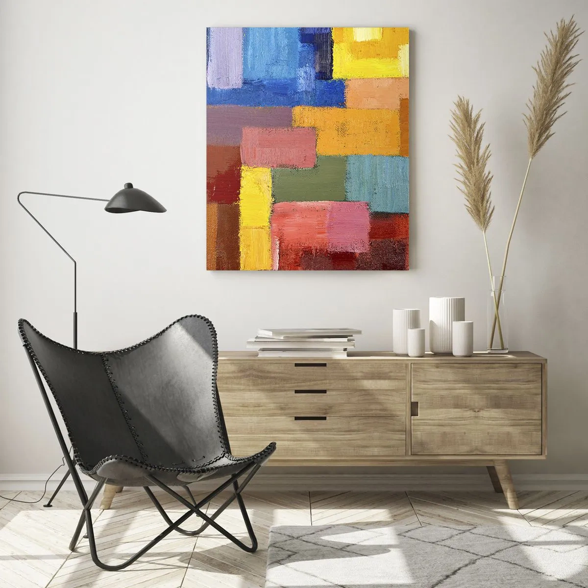 Cuadro sobre vidrio - Impresiones sobre Vidrio - Composición abstracta de rectángulos de colores - 50x70cm - Cada una diferente, todas coloridas - Decoración de pared moderna para salón y dormitorio ARTTOR