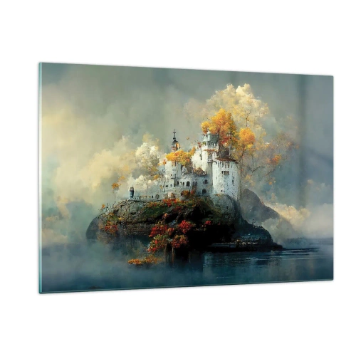 Cuadro sobre vidrio - Impresiones sobre Vidrio - Un castillo sobre una roca rodeado de niebla y árboles otoñales. - 120x80cm - El comienzo de una historia romántica - Decoración de pared moderna para salón y dormitorio ARTTOR
