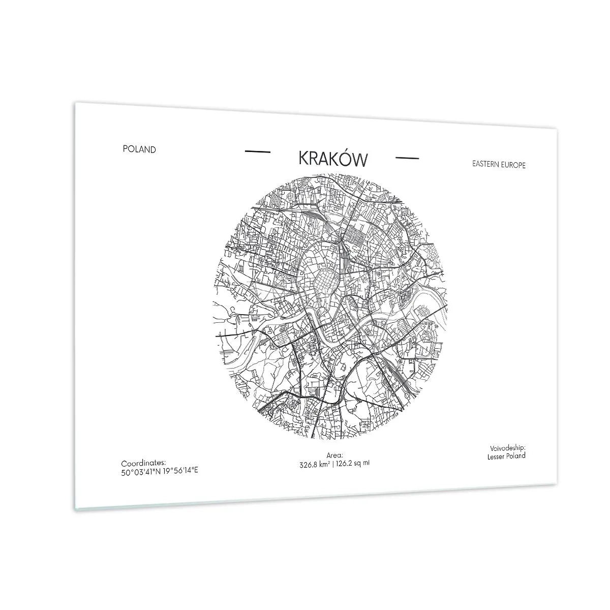 Cuadro sobre vidrio - Impresiones sobre Vidrio - Un mapa de Cracovia en un estilo de ilustración en blanco y negro - 70x50cm - Anatomía de Cracovia - Decoración de pared moderna para salón y dormitorio ARTTOR