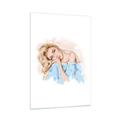 Cuadro sobre vidrio - Impresiones sobre Vidrio - Retrato de una rubia con un vestido azul y mirada pensativa. - 50x70cm - Soñar en azul - Decoración de pared moderna para salón y dormitorio ARTTOR