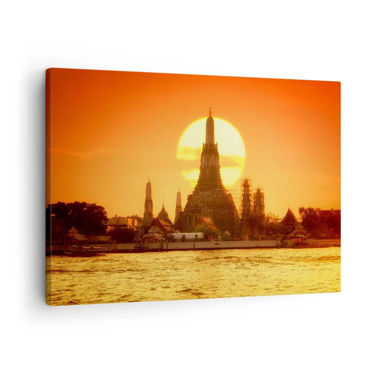 Cuadro sobre lienzo - Impresión de Imagen - Puesta de sol sobre el templo con reflejo en el agua. - 70x50cm - Hacia el sol, siempre hacia el sol - Decoración de pared moderna para salón y dormitorio ARTTOR