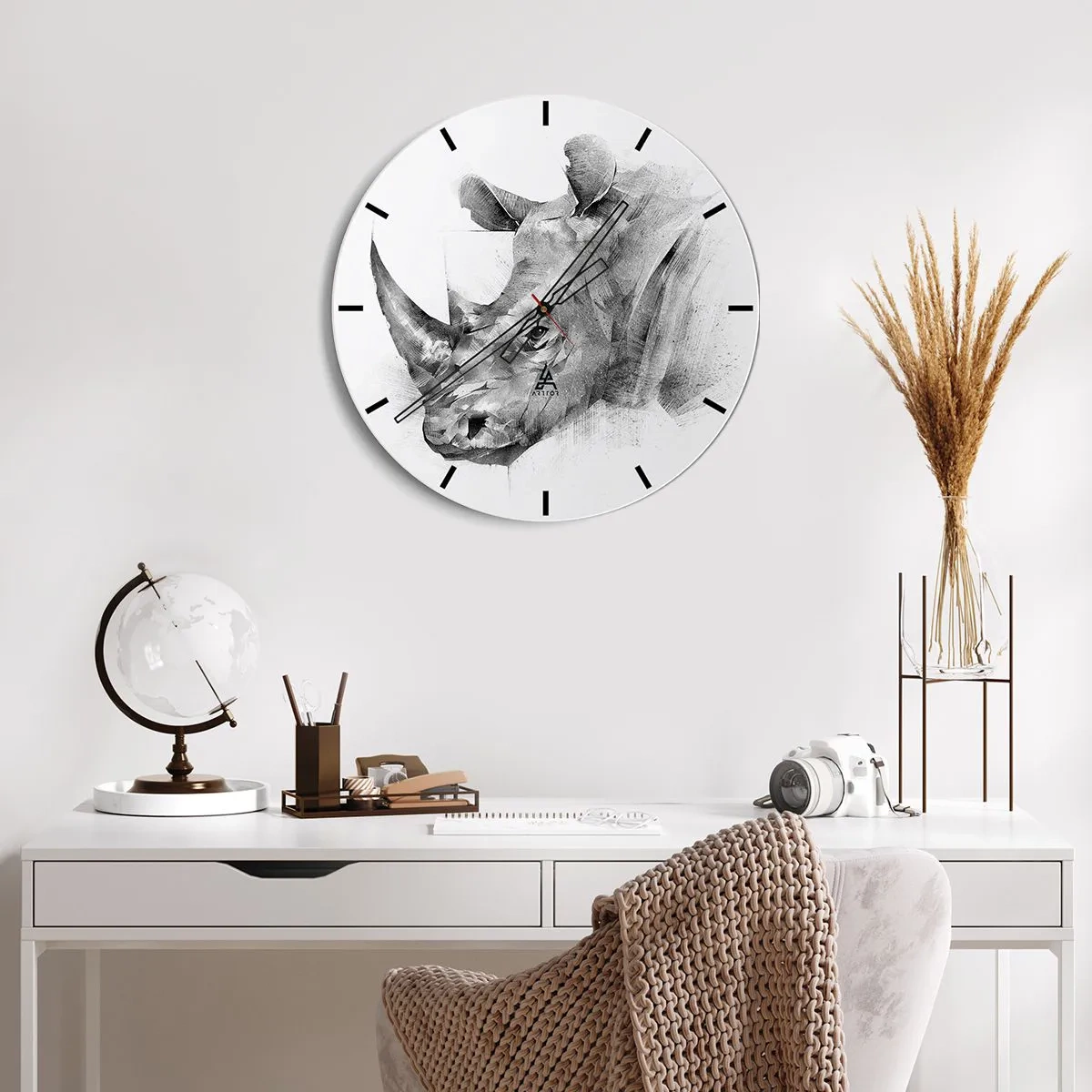 Reloj de pared - Reloj de vidrio - Retrato estilo boceto de un rinoceronte - 30x30cm - Retrato africano - Decoración de pared moderna para salón, cocina y dormitorio ARTTOR