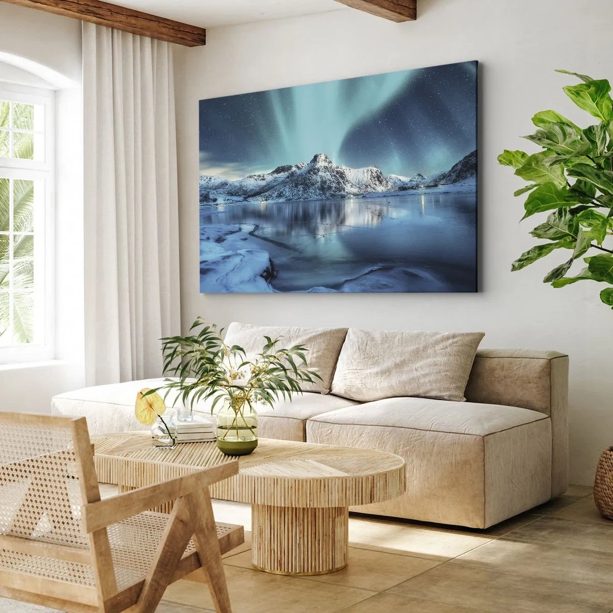 Cuadro sobre lienzo - Impresión de Imagen - Aurora boreal sobre montañas nevadas y un lago - 70x50cm - Una noche de luz - Decoración de pared moderna para salón y dormitorio ARTTOR
