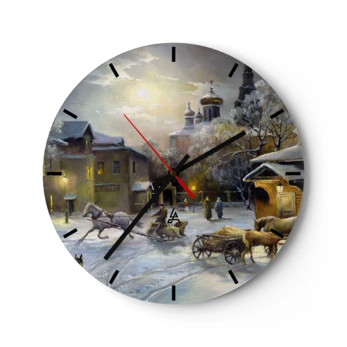 Reloj de pared - Reloj de vidrio - Paisaje invernal con caballos y una iglesia al fondo. - 30x30cm - La magia de un invierno ruso - Decoración de pared moderna para salón, cocina y dormitorio ARTTOR