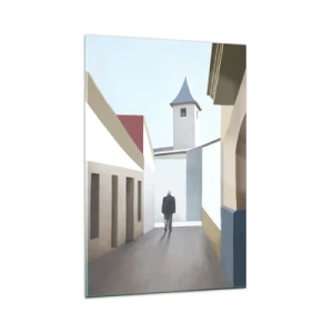 Cuadro sobre vidrio - Impresiones sobre Vidrio - Una calle minimalista con la silueta de un hombre al fondo. - 80x120cm - Paseo soleado - Decoración de pared moderna para salón y dormitorio ARTTOR