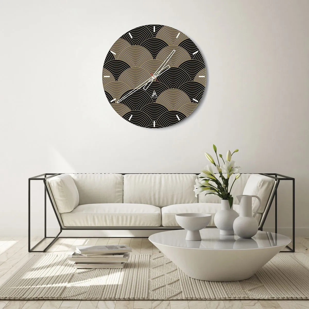 Reloj de pared - Reloj de vidrio - Patrón abstracto de semicírculos dorados sobre un fondo negro - 30x30cm - Multiplicación de la unidad - Decoración de pared moderna para salón, cocina y dormitorio ARTTOR