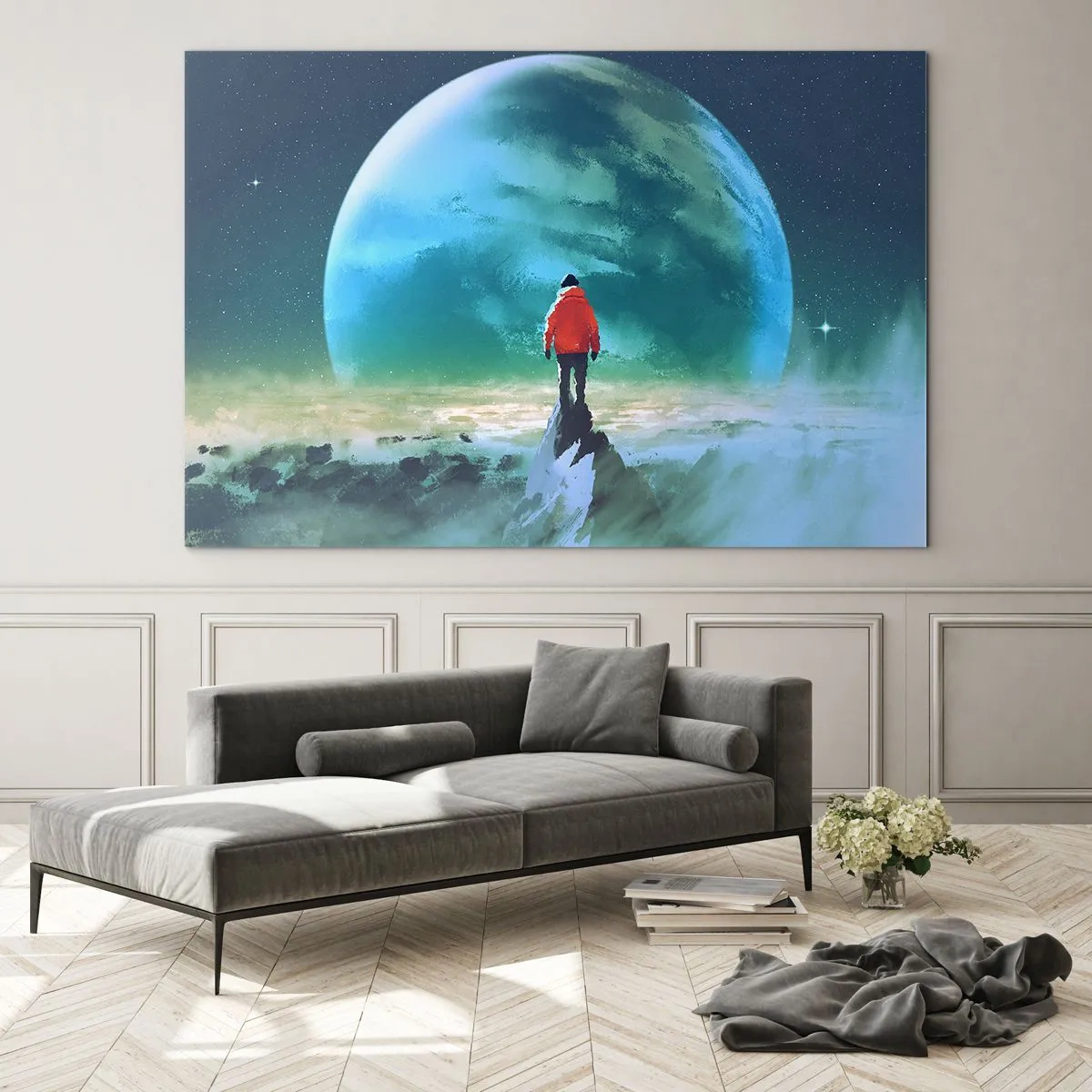 Cuadro sobre vidrio - Impresiones sobre Vidrio - Una figura con una chaqueta roja con un enorme planeta y estrellas como telón de fondo. - 120x80cm - Descubridor de una nueva Tierra - Decoración de pared moderna para salón y dormitorio ARTTOR