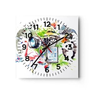 Reloj de pared - Reloj de vidrio - En la objetivo de un viajero - 30x30 cm