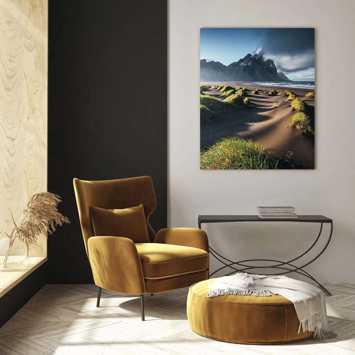 Cuadro sobre vidrio - Impresiones sobre Vidrio - Paisaje islandés con playa negra y montañas - 50x70cm - Armonía de los elementos - Decoración de pared moderna para salón y dormitorio ARTTOR