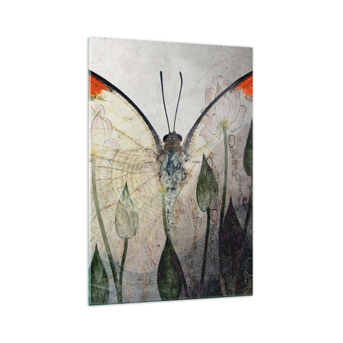 Cuadro sobre vidrio - Impresiones sobre Vidrio - Una mariposa con alas naranjas sobre un fondo de flores estilizadas. - 70x100cm - Donde la mariposa se mece en la hierba - Decoración de pared moderna para salón y dormitorio ARTTOR