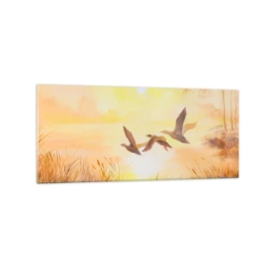 Cuadro sobre vidrio - Impresiones sobre Vidrio - Patos volando al amanecer sobre el lago - 120x50cm - El comienzo de un largo viaje - Decoración de pared moderna para salón y dormitorio ARTTOR