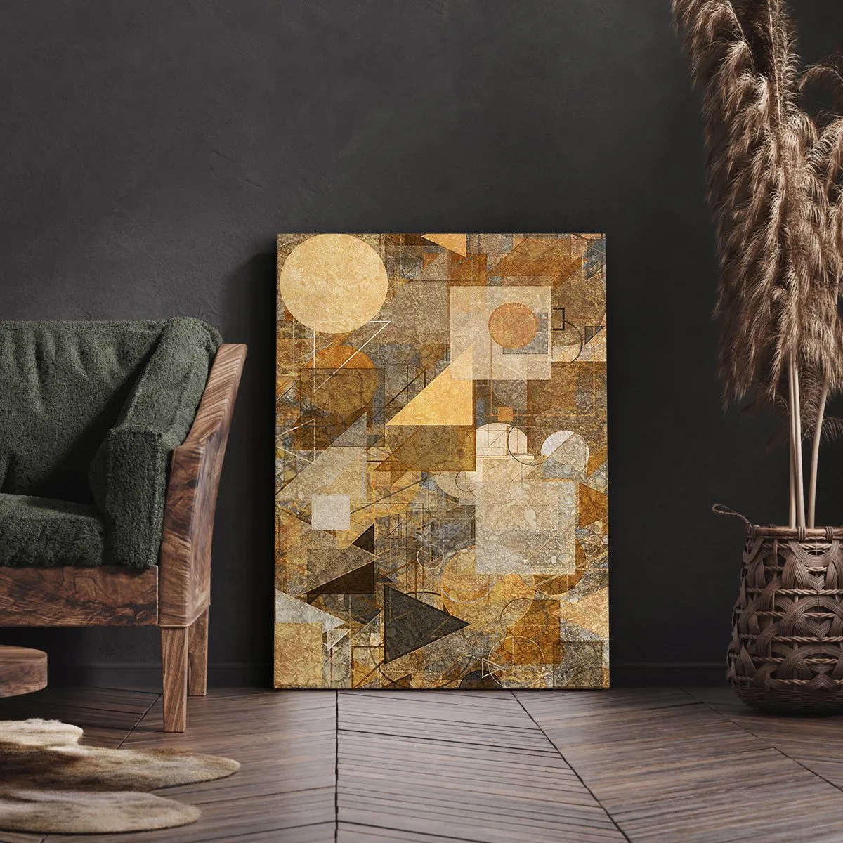 Cuadro sobre lienzo - Impresión de Imagen - Figuras geométricas abstractas en tonos cálidos. - 50x70cm - Estudio cubista en bronce - Decoración de pared moderna para salón y dormitorio ARTTOR
