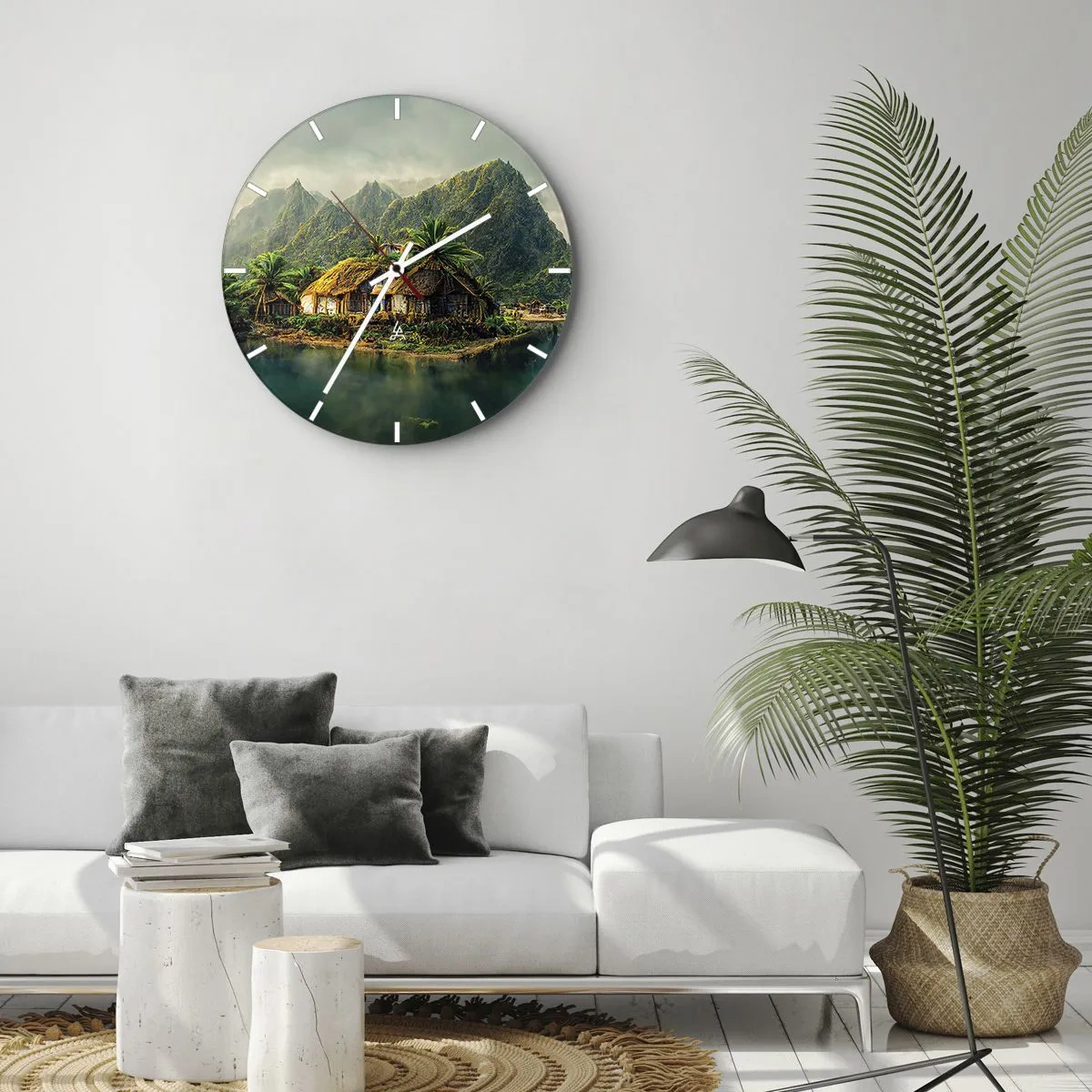 Reloj de pared - Reloj de vidrio - Cabañas de palmeras sobre el agua rodeadas de montañas tropicales - 30x30cm - Paraíso tropical - Decoración de pared moderna para salón, cocina y dormitorio ARTTOR